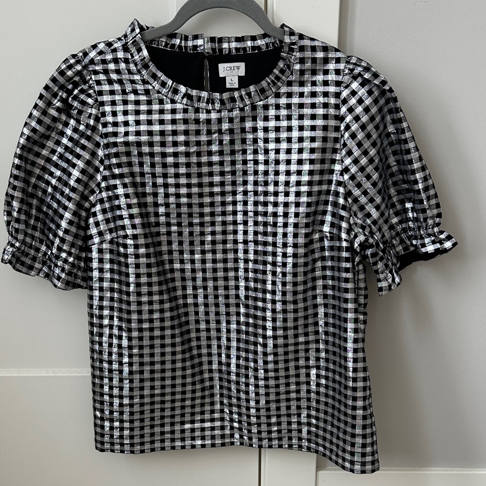J. Crew Black and silver metallic Checkered Blouse